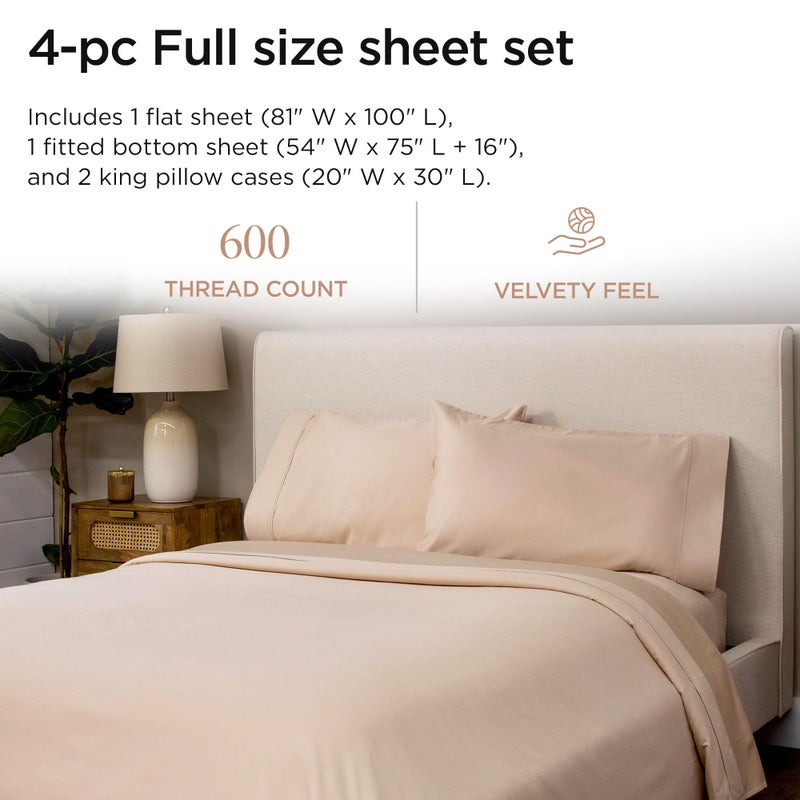 Threadmill 100% Cotton Sheets for Full Size Bed - 600 Thread Count Full Bed Sheets Set with 16â€ Deep Pocket - Sateen Weave 4-Piece Bedding Set with Cooling Effect, Beige - Image 2
